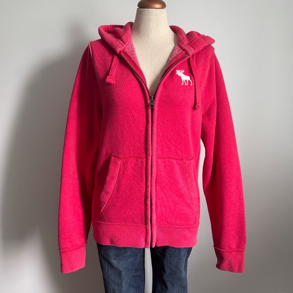 Abercrombie & Fitch Muscle Pink -Red  Zipped Hoodie with Embroidered White Deer - Picture 2 of 9